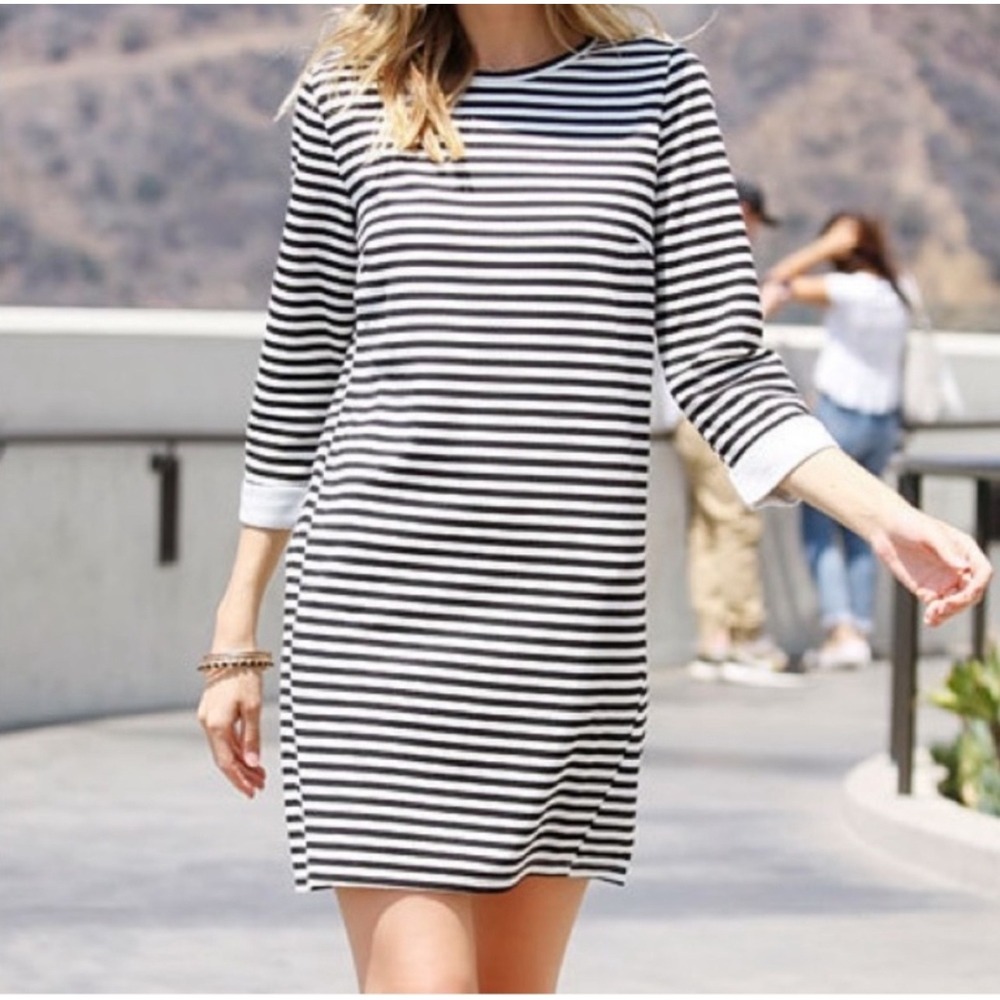 PUELLA Anthropologie Black White Striped Cuffed Sleeved Mini‎ Dress Size L